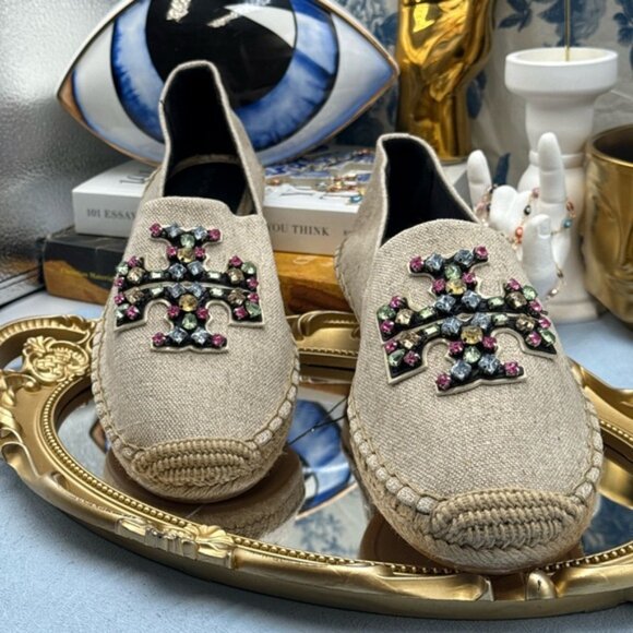 🆕 TORY BURCH 🧿 NWOB Ines Linen & Leather Bejewelled Espadrilles - Sz 10 M - Picture 7 of 13